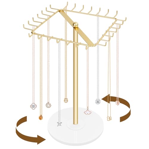 Rotating Necklace Holder Stand Metal Jewelry Organizer Display with 28 Hooks，Necklace Storage for Hanging Keychain Bracelet Long Chains Tree for Girls Women