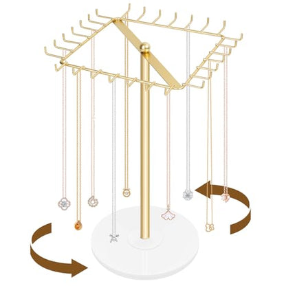 Rotating Necklace Holder Stand Metal Jewelry Organizer Display with 28 Hooks，Necklace Storage for Hanging Keychain Bracelet Long Chains Tree for Girls Women