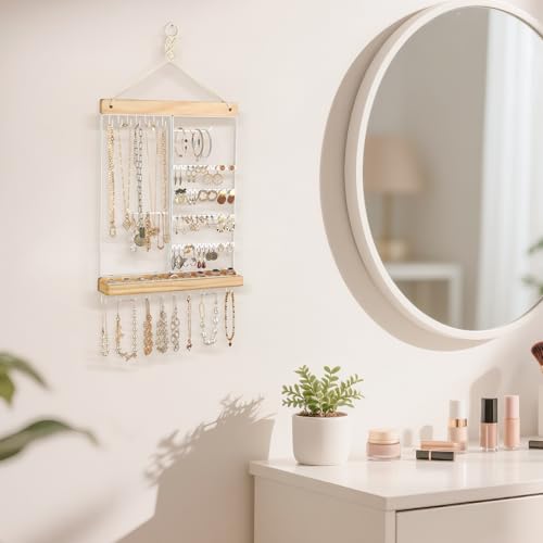 Mkono Hanging Jewelry Organizer Wall Mounted Earring Holder Metal Necklace Holder Wood Shelf with 55 Holes and 7 Hooks Display Rack For Storage Bracelet Rings Ear Studs Accessories Women Bedroom Decor