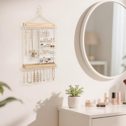 Mkono Hanging Jewelry Organizer Wall Mounted Earring Holder Metal Necklace Holder Wood Shelf with 55 Holes and 7 Hooks Display Rack For Storage Bracelet Rings Ear Studs Accessories Women Bedroom Decor