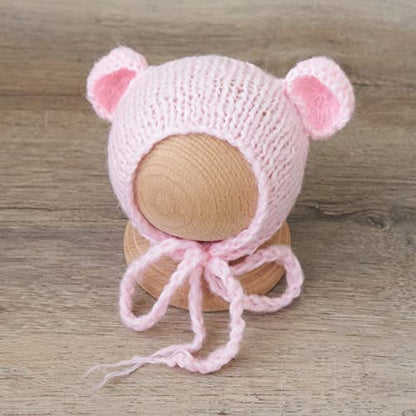 Zeroest Newborn Boy Photoshoot Outfits and Props Bear Bonnet with Footed Romper Infant Baby Photography Crochet Knitted Set - color: Pink