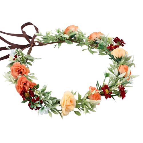 Floral Crown Women Girls - Orange Boho Floral Headpiece with White Green Leaves Charming Fairy Flower Headband for Wedding Photo Shoot Festivals - color: Red