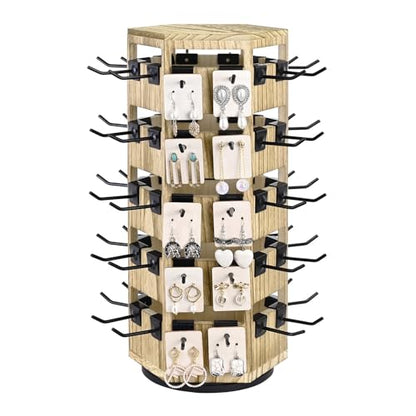 Ikee Design Free Assemble Wood Hexagon Rotating Jewelry Display Stand, 60 Removable Metal Hooks, Keychain Display Stand, Jewelry Organizer, Earring Bracelet Organizer, Oak Color, 8.3W x7.2D x 16.2H in - color: 6 side, Oak, 60 hooks