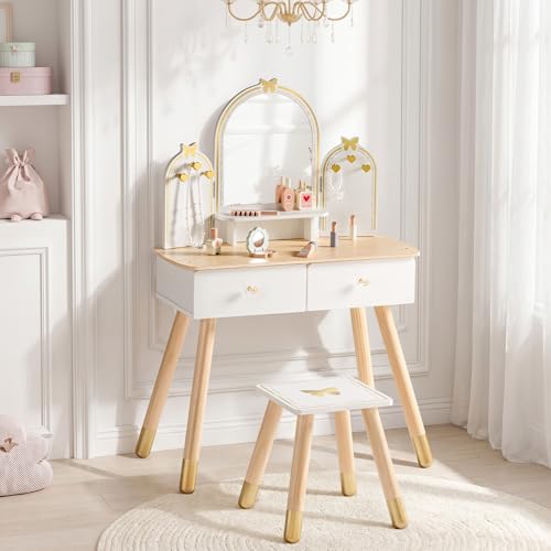 ROBUD Kids Vanity Table and Chair Set, Girls Vanity Set with Mirror, Pretend Play Kids Vanity, Makeup Dressing Table with Drawer and Accessories, Age 3+ (Platinum) - color: Platinum