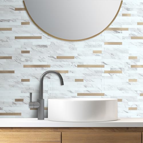 AULIGET 2 Sheets Faux Stone White Marble Peel and Stick Backsplash, PVC Mixed Metal Champagne Gold Wall Tile Stick on Backsplash for Kitchen and Bathroom - color: Marble White + Champagne Gold, size: 2 Sheets, 6"x12"x0.12"