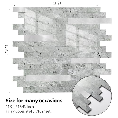 Yipscazo 10 Sheets Peel and Stick Stone Metal Tile Backsplash, Stick on Tiles for Backsplash Kitchen, Bathroom, Laundry Room, Camper, Fireplace (12'' X 12'', Polished Gray) - color: Polished Gray