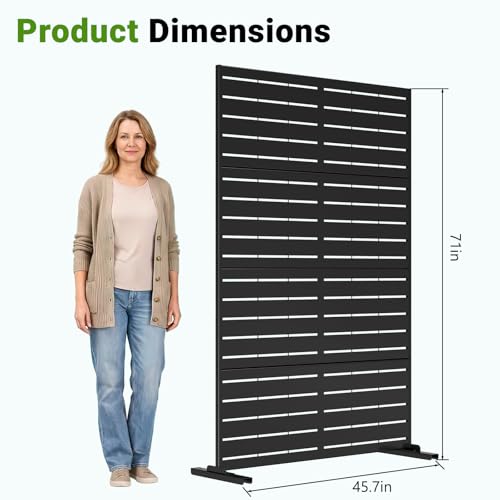 DoCred Metal Privacy Screen, 71" H X 45.7" W Freestanding Rustproof Steel Privacy Panels, Metal Outdoor Privacy Screens Decorative Fence with Stand for Deck, Patio, Backyard & Balcony - color: Black Louvered Pattern, size: 71" H x 45.7" W