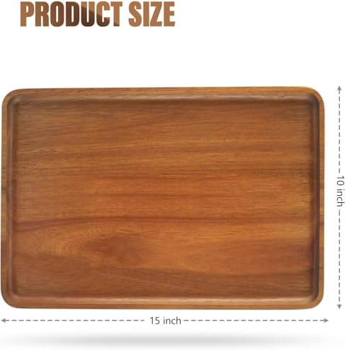 2pcs 15"x10" Solid Acacia Wood Serving Trays Rectangular Wooden Serving Platters Natural Wooden Boards for Bar Coffee Party（Brown） - color: Brown, size: 15"x10"