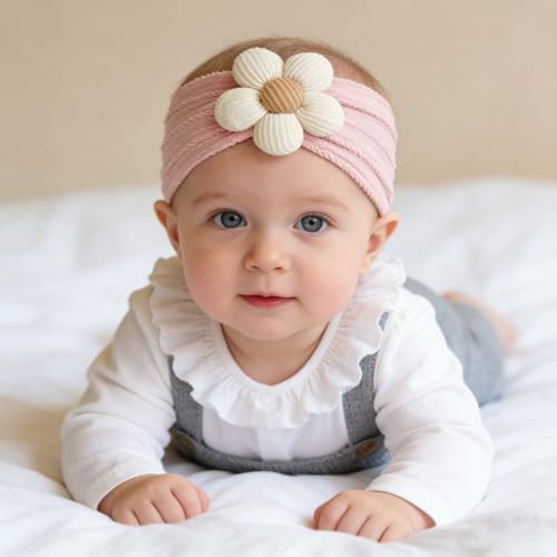 CÉLLOT Baby Flower Headbands Baby Girls Nylon Headbands Baby Essentials Stretchy Hairbands Handmade Hair Accessories for Newborn Infant Toddlers Kids (Pink,Khaki Gray,Dusty Pink) - color: Pink+Cameo+Salmon