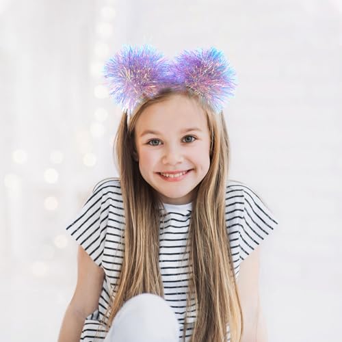Beavorty Foil Strips Headband with Pom Pom Fluffy Balls - Tinsel Head Bopper Cosplay Hair Accessory - color: Purple