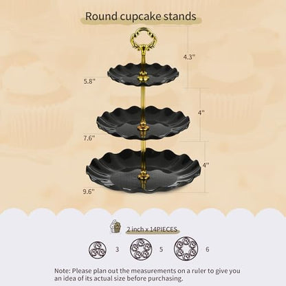 Pack of 11 NWK Cake Stand Set, with 3 x Two-Tier and 3 x Three-Tier Cupcake Stands, 4 x Appetizer Trays, 1 x Tablecloth for Birthday Bridal Baby Shower Party (Black) - color: Black