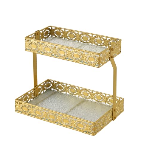 xiaojuande-Two Layer Glass Storage Tray with Portable Dressing Table Skin Care Product Organization Rack Corner Storage Rack for Bathroom Counter High-end Light Luxury Display Plate - Gold (Gold) - color: Gold