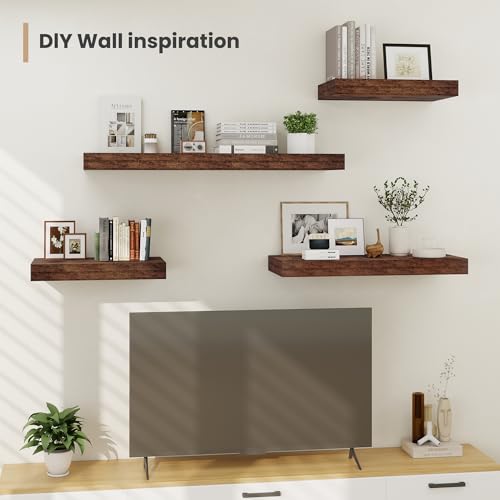 Heimlove 12 Inch Deep Floating Shelves, 48 x 12 inches Long Wall Shelf, Large Display Shelf & Storage Shelf, Rustic Wood Wall Shelves for Fireplace Mantel, Set of 2(Rustic Brown) - color: Rustic Brown, size: 48"W x 12"D x 2"H, Set of 2