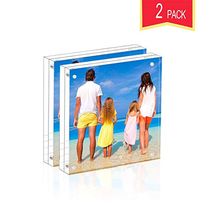 Meetu Acrylic 5x5 Picture Frame 2 Pack Clear Two Sided Desk Photo Frame Magnetic Frame Inner Size 4x4 with Gift Pack for Display Family Pictures Baby Photos Friends Pictures Pet Dog Picture - size: 5x5"(2 Pack)