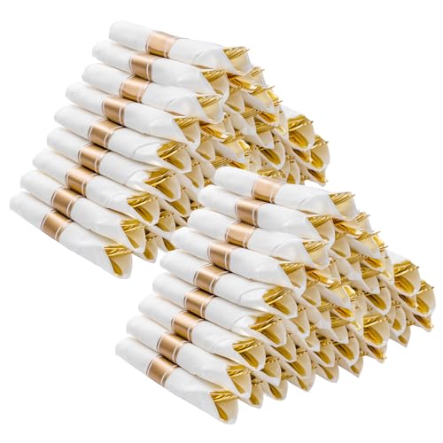 BESTVIP 100 Pack Pre Rolled Gold Plastic Silverware Set, Disposable Wrapped Cutlery Set with 100 Napkins, 100 Knives, 100 Forks and 100 Spoons for Party, Birthday - color: Gold