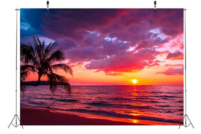 BELECO 12x10ft Fabric Sunset Beach Backdrop Tropical Seaside Coconut Palm Trees Background Backdrop Summer Beach Sunset Hawaii Luau Party Decorations Birthday Photoshoot Studio Photo Props - size: 12x10FT