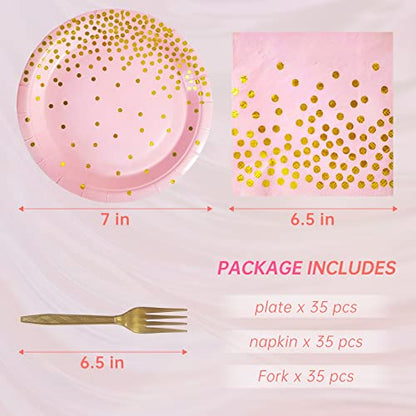 Pink and Gold Party Supplies,Serves 35 Guests Pink Paper Plates and Napkins,Disposable Party Paper Plates for Birthday Wedding - color: Pink Gold Dot Paper Plate