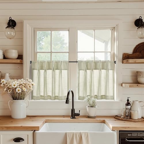 jinchan Linen Pinch Pleated Kitchen Curtains 24 Inch 2 Panels, Natural Linen Tier Curtains Back Tab Farmhouse Cafe, Light Filtering Small Window Drapes for Bathroom Laundry Room Oat - color: Pinch Pleated Oat, size: 26"W x 24"L (Pack of 2)