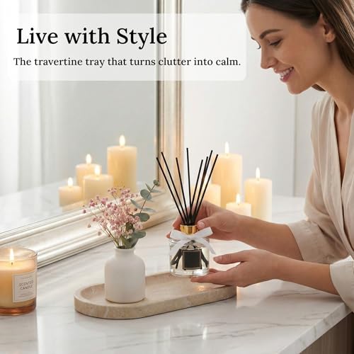Travertine Vanity Tray for Bathroom Counter, 10"x5" Natural Marble Tray, Hand Polished, Perfume Organizer with Non-Slip Base, Candles, Stone Jewelry Dish (Travertine Beige, 9.8X4.7) - color: Travertine Beige