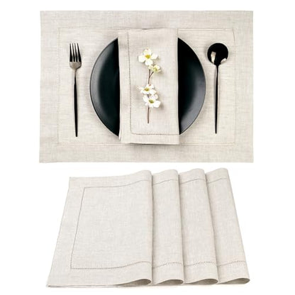 D'Moksha Homes Light Natural Linen Cloth Placemats Set of 4-100% Pure Linen Hemstitch Placemats 14 x 19 Inch - Classic Hemstitch Table Place Mats - Machine Washable - color: 08 - Light Natural