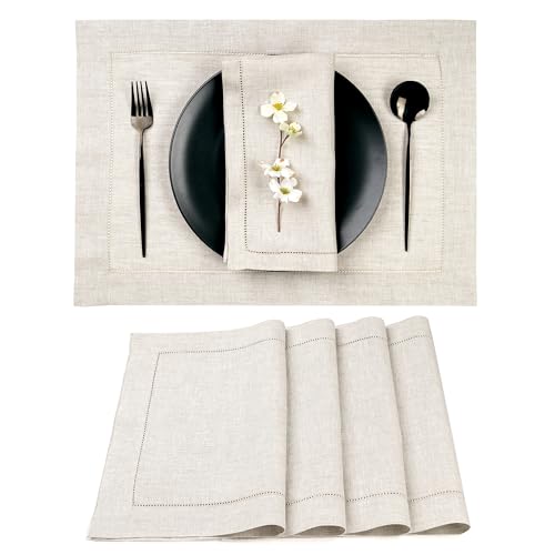 D'Moksha Homes Light Natural Linen Cloth Placemats Set of 4-100% Pure Linen Hemstitch Placemats 14 x 19 Inch - Classic Hemstitch Table Place Mats - Machine Washable - color: 08 - Light Natural