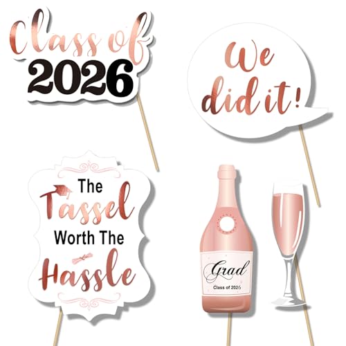 Konsait Rose Gold Graduation Photo Booth Props Party Supplies Graduation Photo Props Class of 2026 Grad Decor with Sticks, Class Decorations Graduation Party Favors Decor Accessories(39Count)