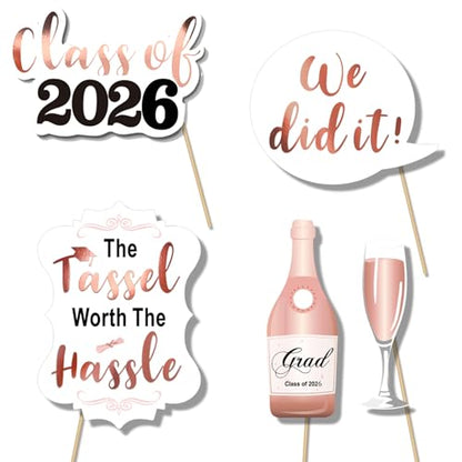 Konsait Rose Gold Graduation Photo Booth Props Party Supplies Graduation Photo Props Class of 2026 Grad Decor with Sticks, Class Decorations Graduation Party Favors Decor Accessories(39Count)