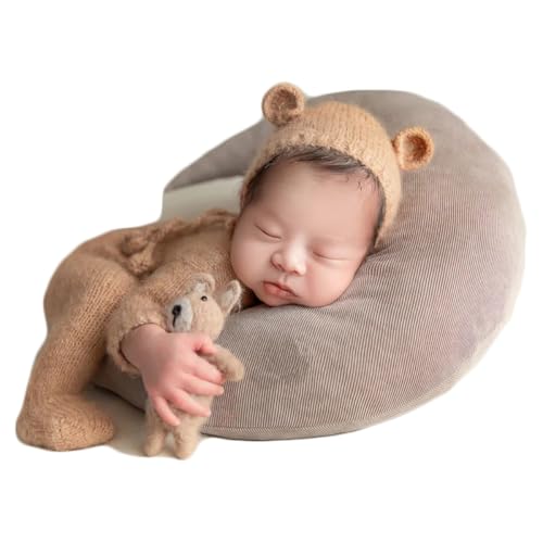 Coberllus Newborn Photography Props Outfits Mohair Bear Hat & Footed Romper for Baby Photo Props Newborn Photo Shoot Props - color: Light Khaki