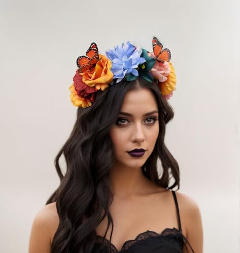 Elegant Butterfly Flower Headband for Women Boho Handmade Rose Floral Crown Wedding Bridal Festivals Cosplay Prom Photo Props Headpiece (C2 blue, Adjustable) - color: C2 blue