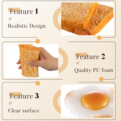 Soulchen 4 Pcs Fake Prop Food with Fake Bread and Fried Egg Realistic Artificial Simulation Toast Faux Egg Model for Home Kitchen Cabinet Shops Display Photography Sample Prank Prop