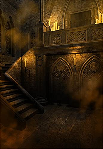 AOFOTO 7x10ft Gloomy Gothic Medieval Vintage Room Backdrop Scary Halloween Night Photography Background Vampire Ghost Party Decorations Haunted House Interior Stone Wall Stairway Photo Studio Props - color: HSH-A7, size: 7x10ft
