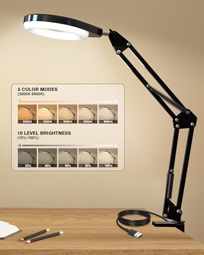 Magnifying Glass with Light, 10X & 5X Real Glass & Anti-Glare Lens, 5 Color Mode Stepless Dimmable LED Desk Magnifying Lamp, Hands-Free Desk Lamp with Clamp for Crafts Reading Repair Hobby (White) - color: White