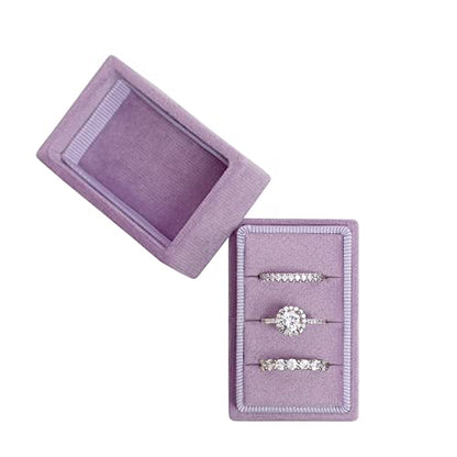 Rectangle 3 Slots Italian Velvet Jewelry Box Engagement Wedding Photo Ring Box Keepsake Box Triple Ring Gift Box (Lavender Flower) - color: Lavender Flower