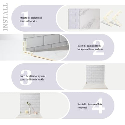2 PCS Boards Photo Backdrop for Flat Lay, Food Photography Background 24x24 Inch, White Marble Subway Tile Tabletop Backdrop Board BEIYANG - color: Marble+Subway Tile