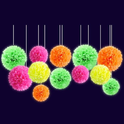 NICROLANDEE Blacklight Party Decorations - 12 PCS Fluorescent Neon Tissue Paper Pom Poms for Birthday, Wedding, Baby Shower, Glow-in-The-Dark, Neon, Prom Dance Party Photography - style: Neon