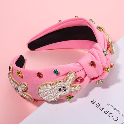NVENF Easter Headbands for Women Beaded Easter Rabbit Bunny Headband White Pink Crystal Pearl Knotted Hairband Happy Accessories Spring Holiday Headwear Outfits Gifts (Bunny B - Pink) - color: Bunny B - Pink