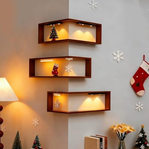 Smart Corner Shelves that Light up Your Space, Set of 3 Corner Floating Storage Shelves,Wooden Wall-Mounted Corner Shelf Display Rack, Space-Saving (Set of 3(LED Light not Included)) - size: Set of 3(led Light Not Included)