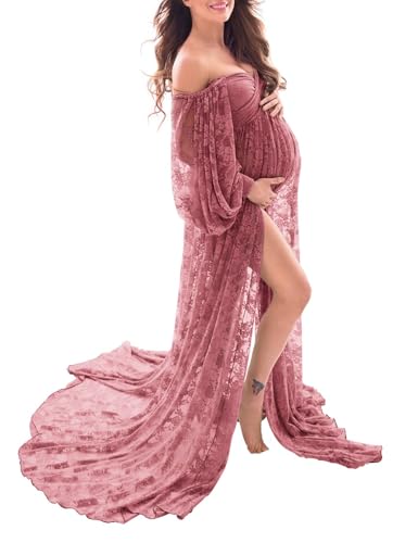 Saslax Soft Stretchy Lace Off Shoulder Doubly Split A-line Skirt Maternity Dress Pregnancy Maxi Gown for Photoshoot - color: Antique Rose, size: Small