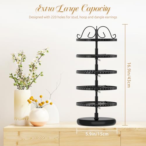 MODOWEY Rotating Earring Holder Organizer Stand, 5 Tier Metal Tree Display for Women Vendors, 220 Holes Adjustable Jewelry rack for Stud Hoop Dangle Storage, Trendy Carousel Keeps Dresser Neat, Black - color: Black, size: 5 Tier, 220 Holes