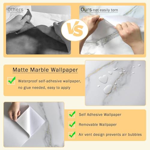BAYYA Extra Wide Marble Contact Paper White/Gold/Grey Matte Marble Wallpaper Peel and Stick Countertops for Kitchen Counter Top Vinyl Wrap 48"x80" Heat Resistant Countertop Laminate Sheets Covers - color: White, size: 48" x 80"