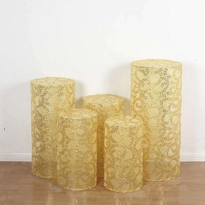 Efavormart Set of 5 Gold Sequin Mesh Cylinder Display Box Stand Covers with Leaf Vine Embroidery, Sparkly Sheer Tulle Pedestal Pillar Prop Covers - color: Gold, size: Sequin Mesh Cylinder Covers - Leaf Pattern