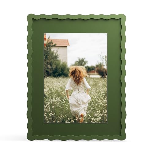 11x14 Picture Frame with Mat for 8x10, Wavy Edge Wooden Real Glass Photo Frame for Wall Hanging, Green, 1 Pack - color: Green, size: 11x14 in
