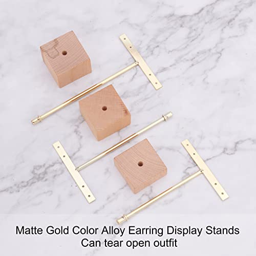 FINGERINSPIRE 3 Pcs Gold Metal T Bar Earring Display Stand with Wooden Square Base 4 Holes Jewelry Holders Hanging Earring Organizer for Store Retail Photography Props（4.7 & 5.5 &6.3 inch Height） - color: Gold- Wood Square Base, 4 Holes