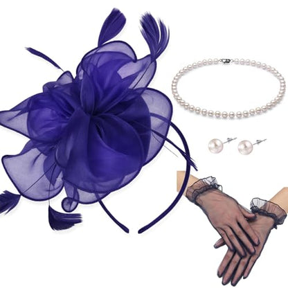 Fascinators Hats with Gloves Set for Women 20s 50s Cocktail Tea Party Wedding Costume Headwear - color: 03-navy