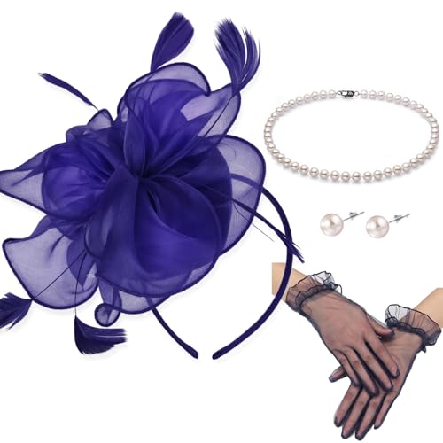 Fascinators Hats with Gloves Set for Women 20s 50s Cocktail Tea Party Wedding Costume Headwear - color: 03-navy