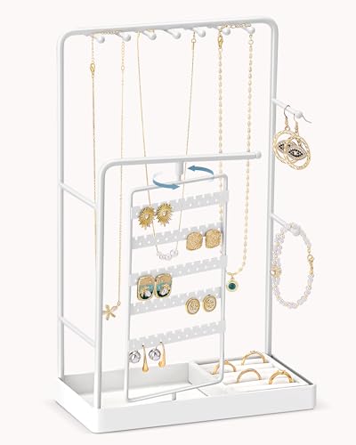 Lolalet Jewelry Organizer Stand, No Assembly Needed Display Storage with Rotating Earring Holder for Room Dorm Decor Necklace Bracelet Rings, Gifts for Mom Women Girls Mother's Day -White - color: White