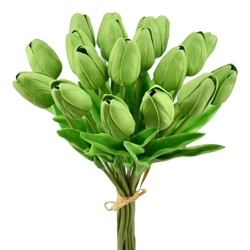 Mandy's Green Artificial Tulips Flowers Centerpiece, 13.5" Lifelike PU Fake Floral Stems 20pcs for Kitchen Island & Dining Table, Spring Decor for Easter - color: Green