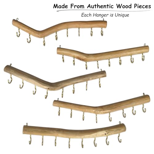 15.7-Inch Rustic Wood Wall Hanging Jewelry Organizer Handmade Natural Wood Logs Branch Decor (Branch with 8 Metal Hooks)
