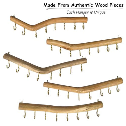 15.7-Inch Rustic Wood Wall Hanging Jewelry Organizer Handmade Natural Wood Logs Branch Decor (Branch with 8 Metal Hooks)