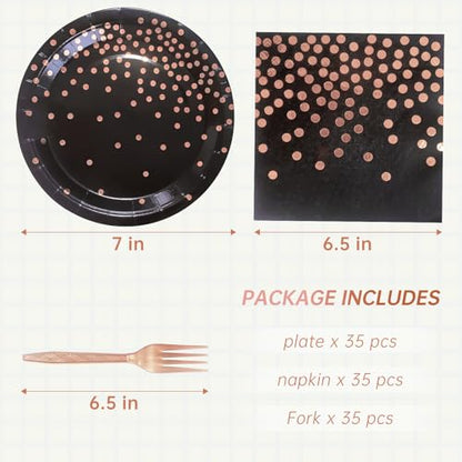 Serve 35 Guests Black and Rose Gold Party Supplies,7 Inch Black and Rose Gold Paper Plates and Napkins for Wedding Birthday,Retirement,Father's Day - color: Black Rose Gold Dot Paper Plate